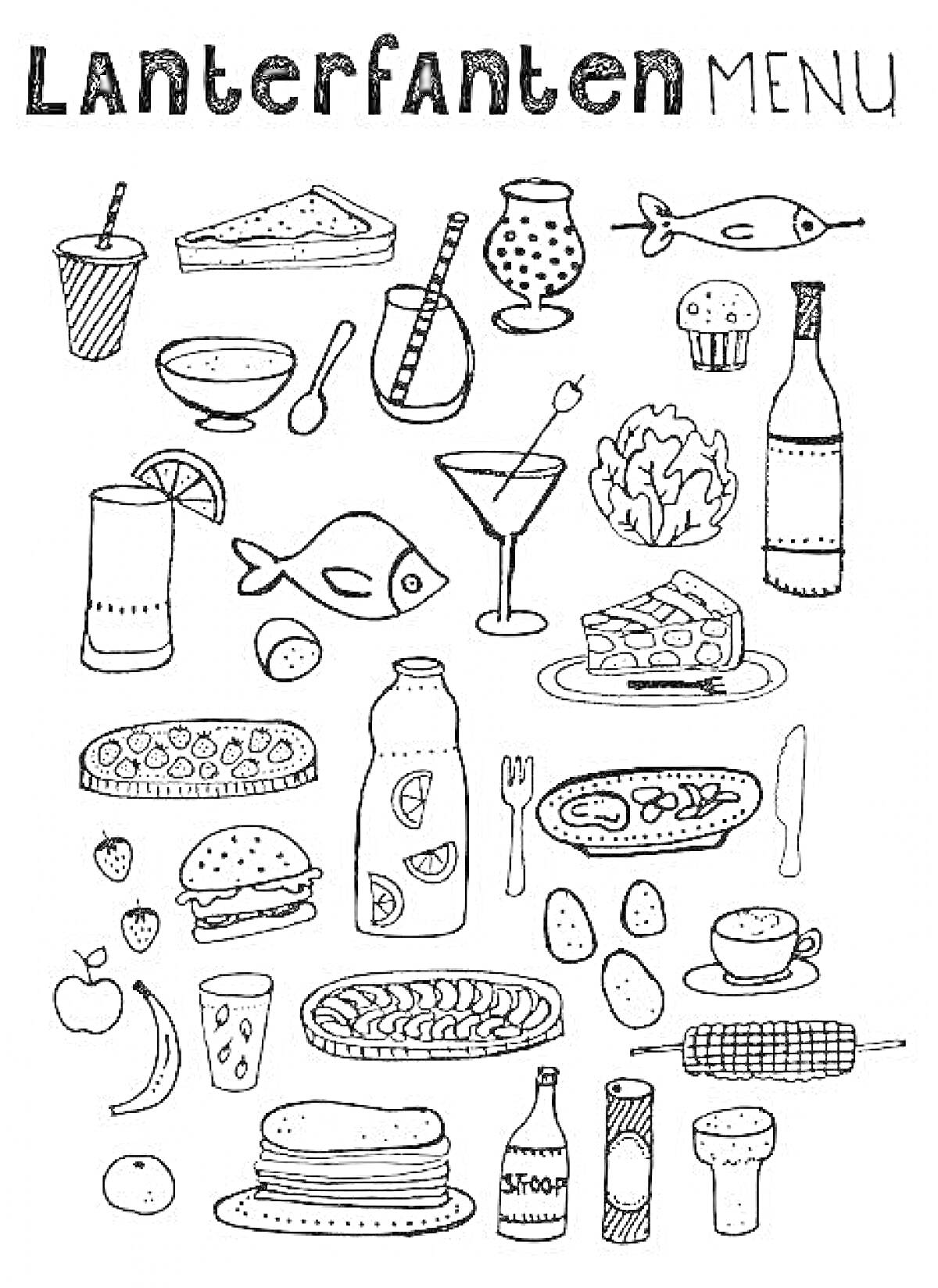 Раскраска меню с напитками, пиццей, тортом, мороженым, вином, рыбой, хот-догом, гамбургером, пиццей, фруктами и овощами, пирогом, стаканами, бокалами, бутылками и тарелками