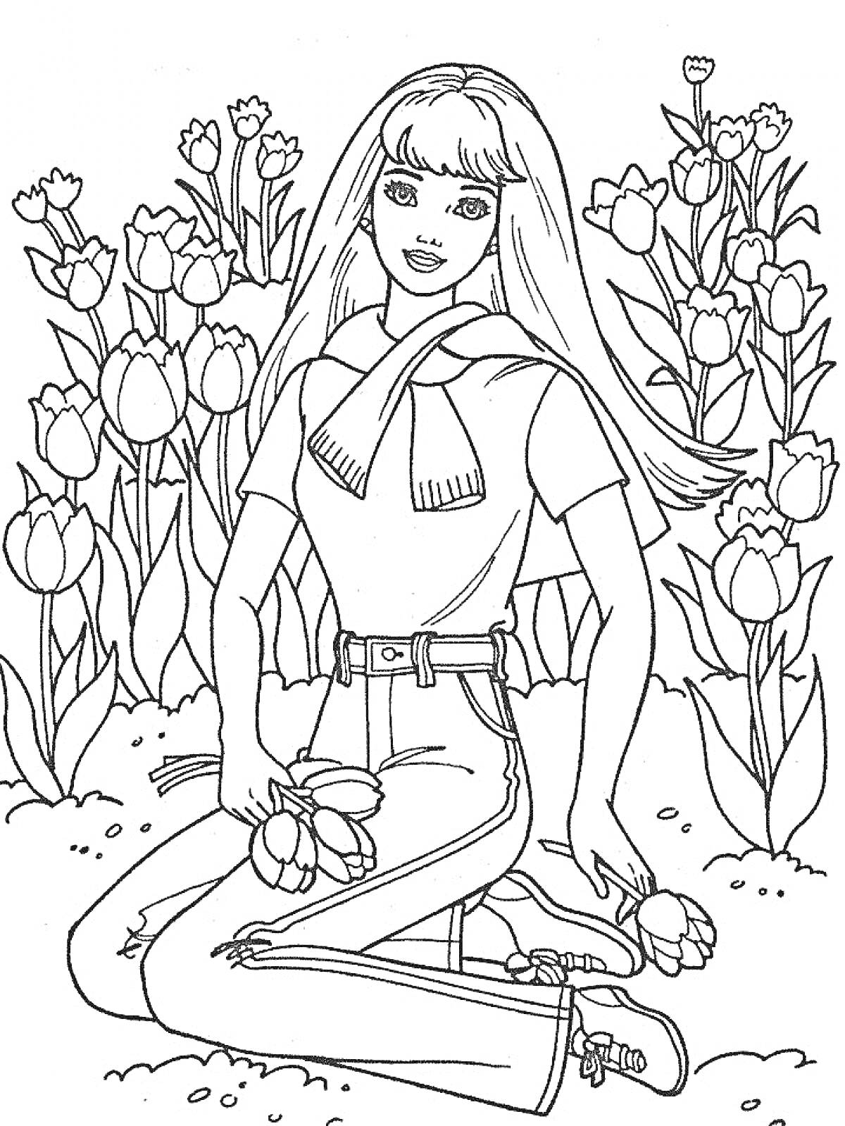 Раскраска Девушка с букетом цветов на фоне тюльпанов
