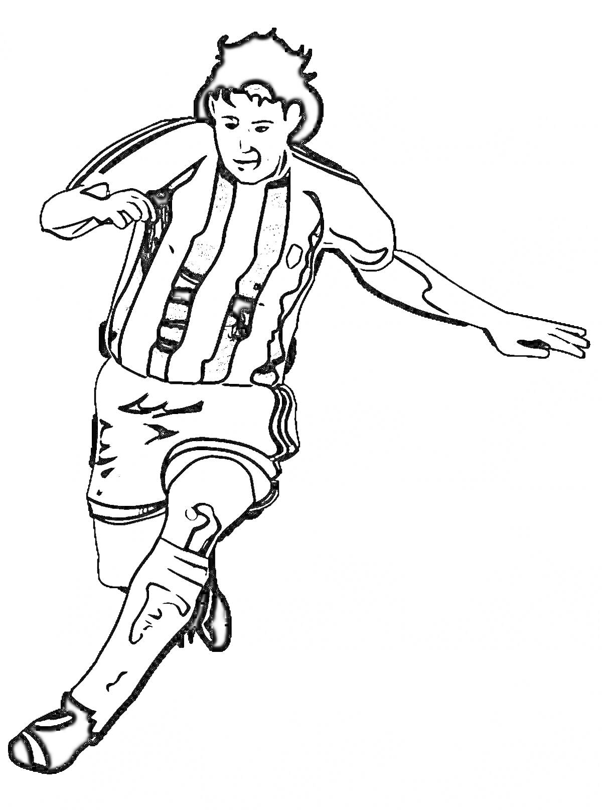 На раскраске изображено: Футбол, Футболист, Бег, Спорт, Игра, Полосатая футболка
