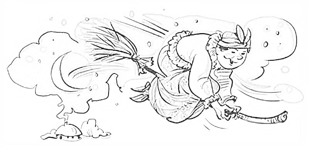 На раскраске изображено: Баба Яга, Метла, Ночь, Месяц, Домик, Дым, Облака, Небо, Рождество, Полет