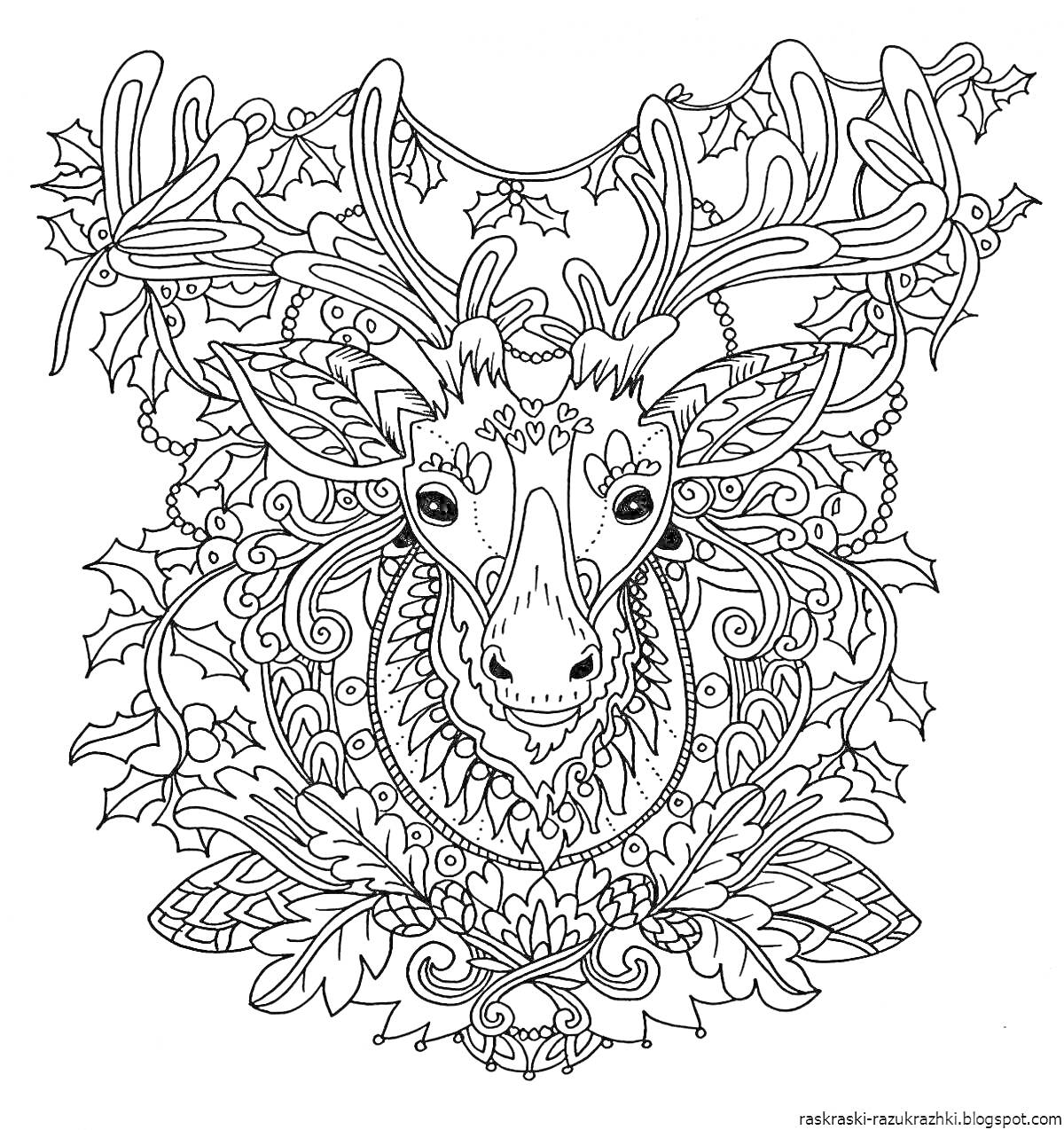 Раскраска олень с орнаментом, окружённый листьями и ветвями