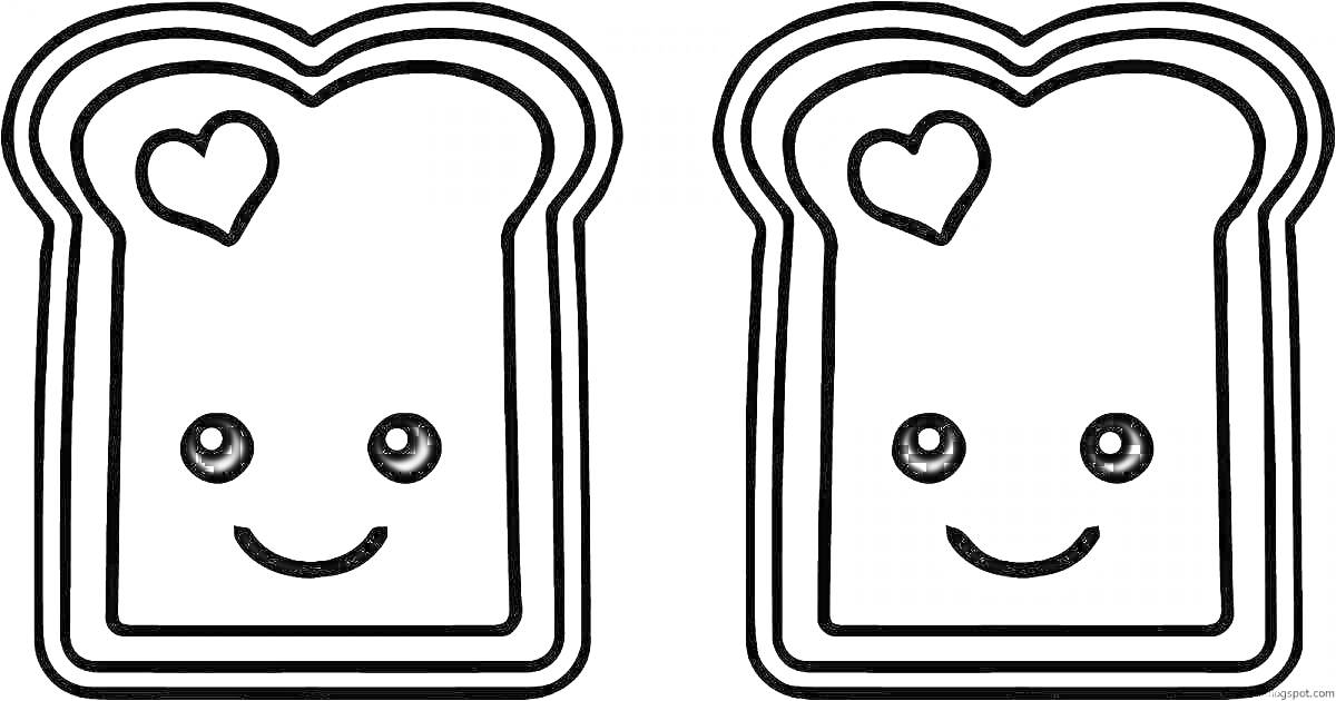Раскраска Две милые тосты с сердечками и улыбающимися лицами