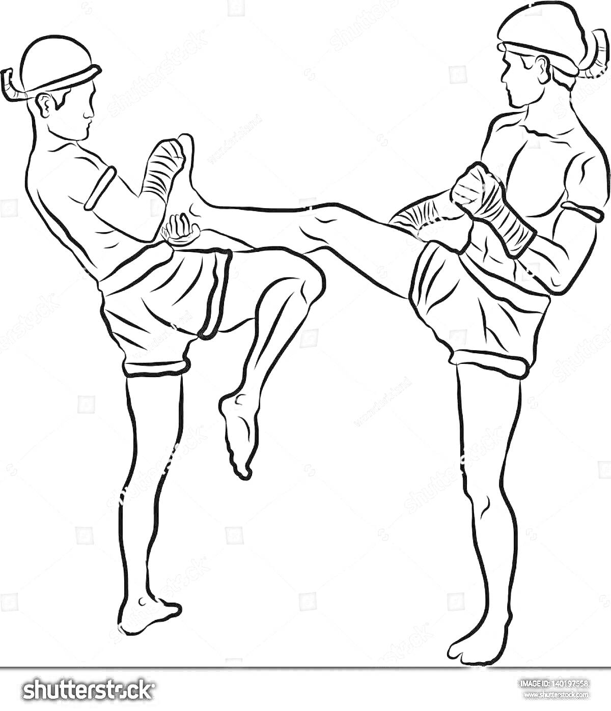 Раскраска Два кикбоксера в защитных шлемах и перчатках обмениваются ударами ногами