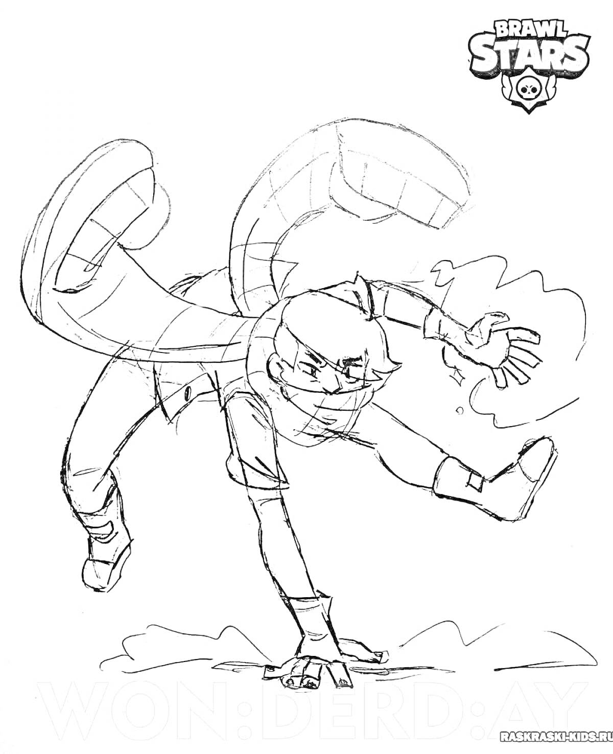 Раскраска Эдгар из игры Brawl Stars совершает акробатический прыжок с развевающимся шарфом