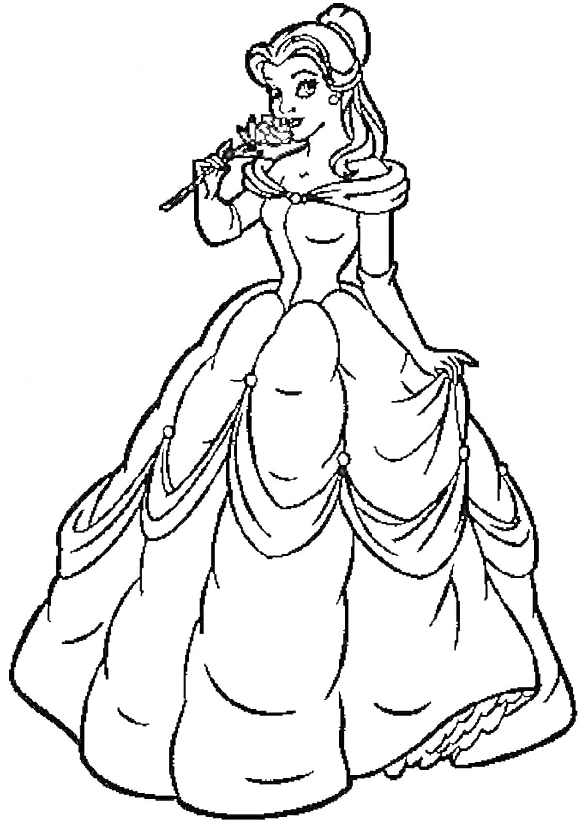Раскраска Принцесса Бель в пышном платье с розой в руке