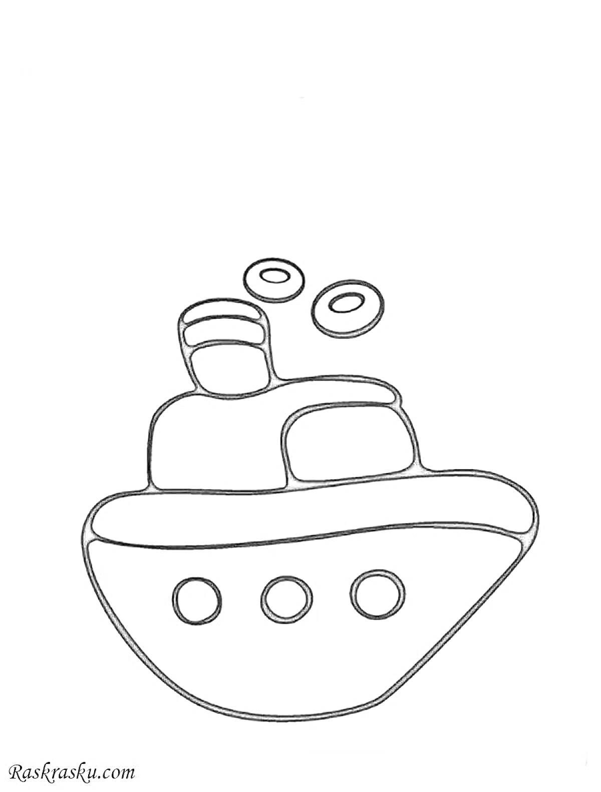 На раскраске изображено: Корабль, Иллюминаторы, Дым, Судно, Для детей, Море, Водный транспорт, Раструб