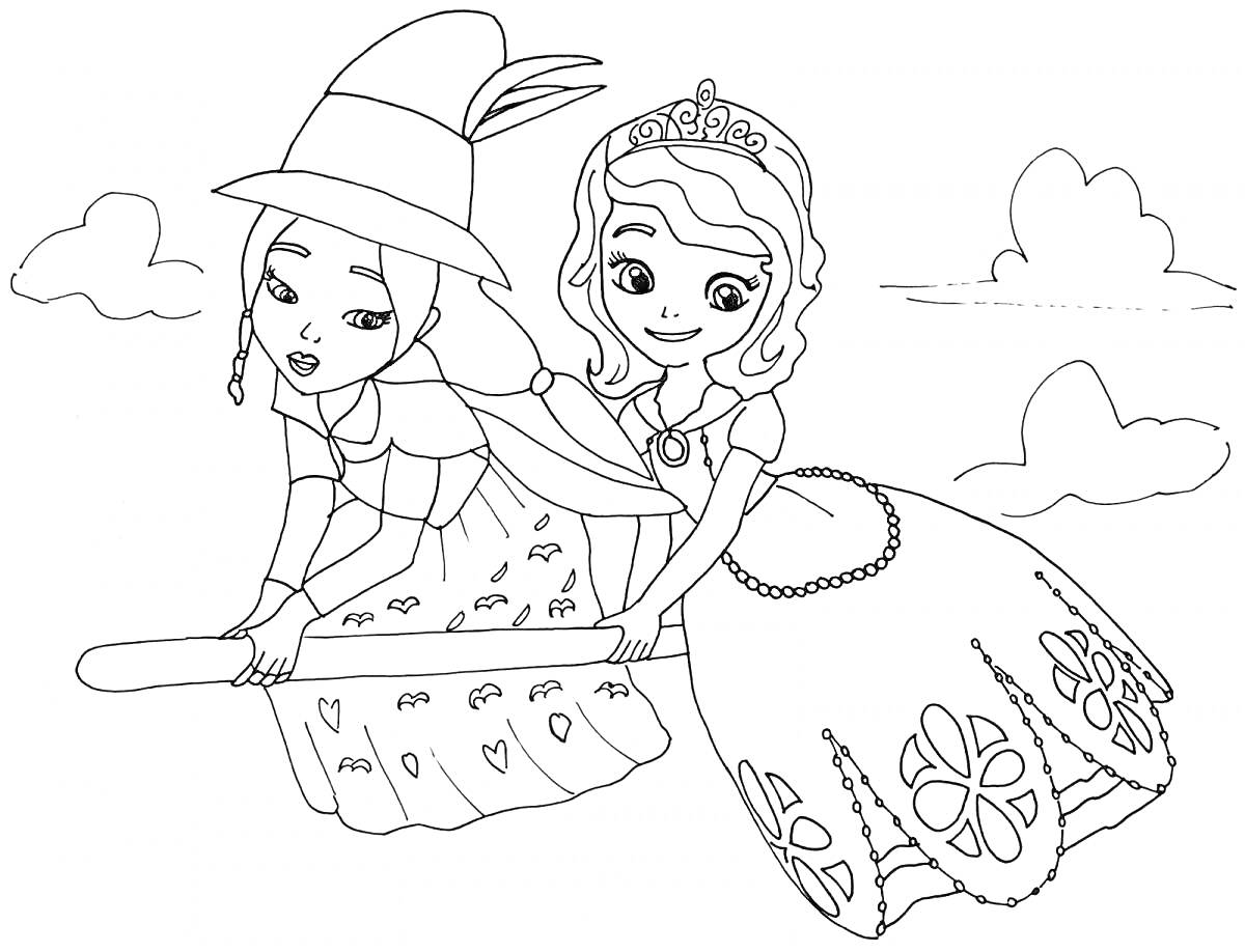 Раскраска Две девочки, одна в костюме ведьмы на метле, другая в платье принцессы, облака