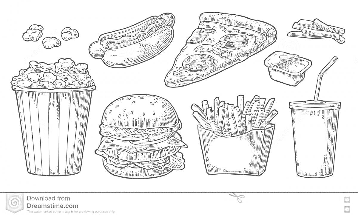 На раскраске изображено: Попкорн, Хот-дог, Пицца, Фри, Соус, Коробка, Гамбургер, Картофель, Стакан