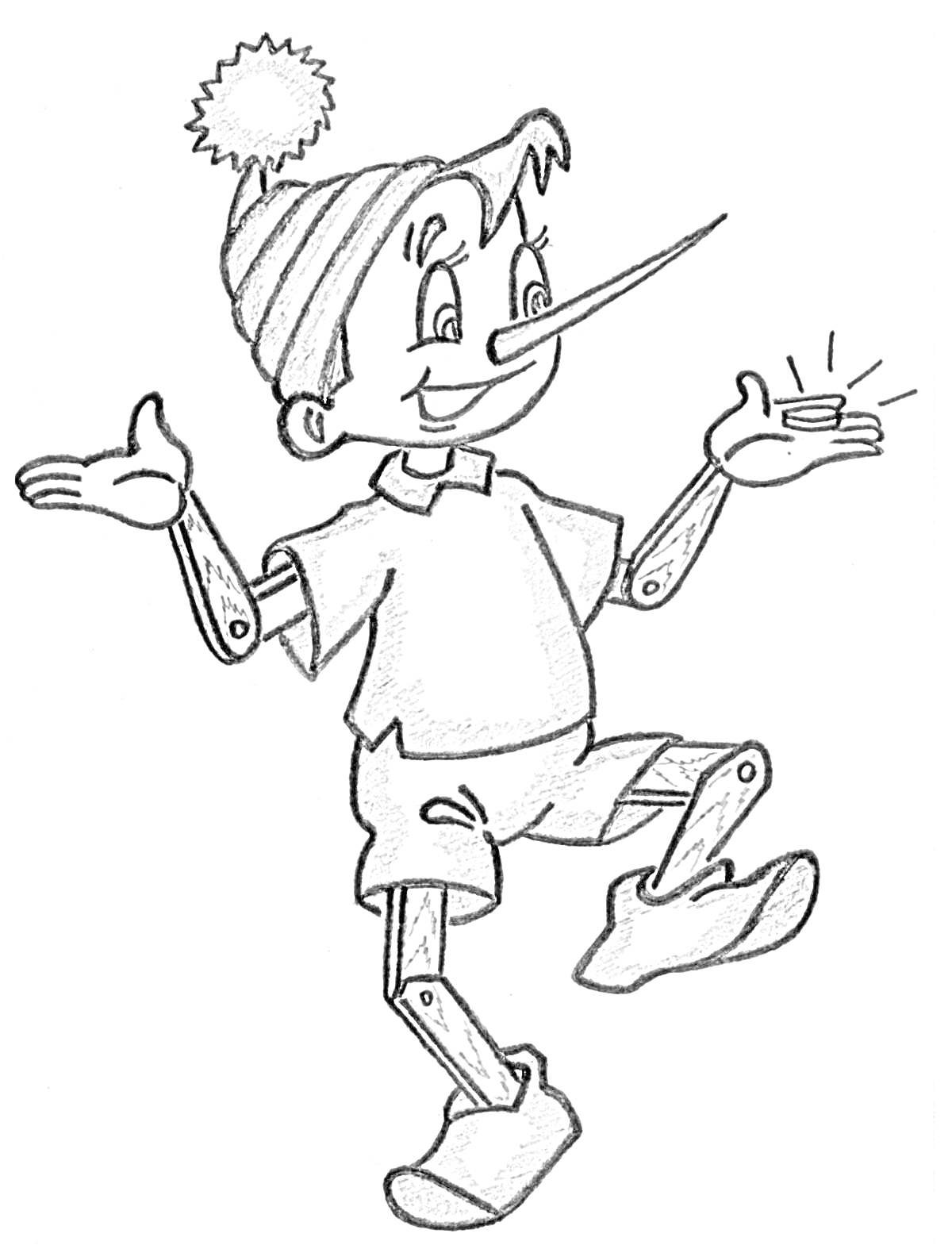 Раскраска Буратино в шляпе с помпоном, поднятыми руками и одной поднятой ногой