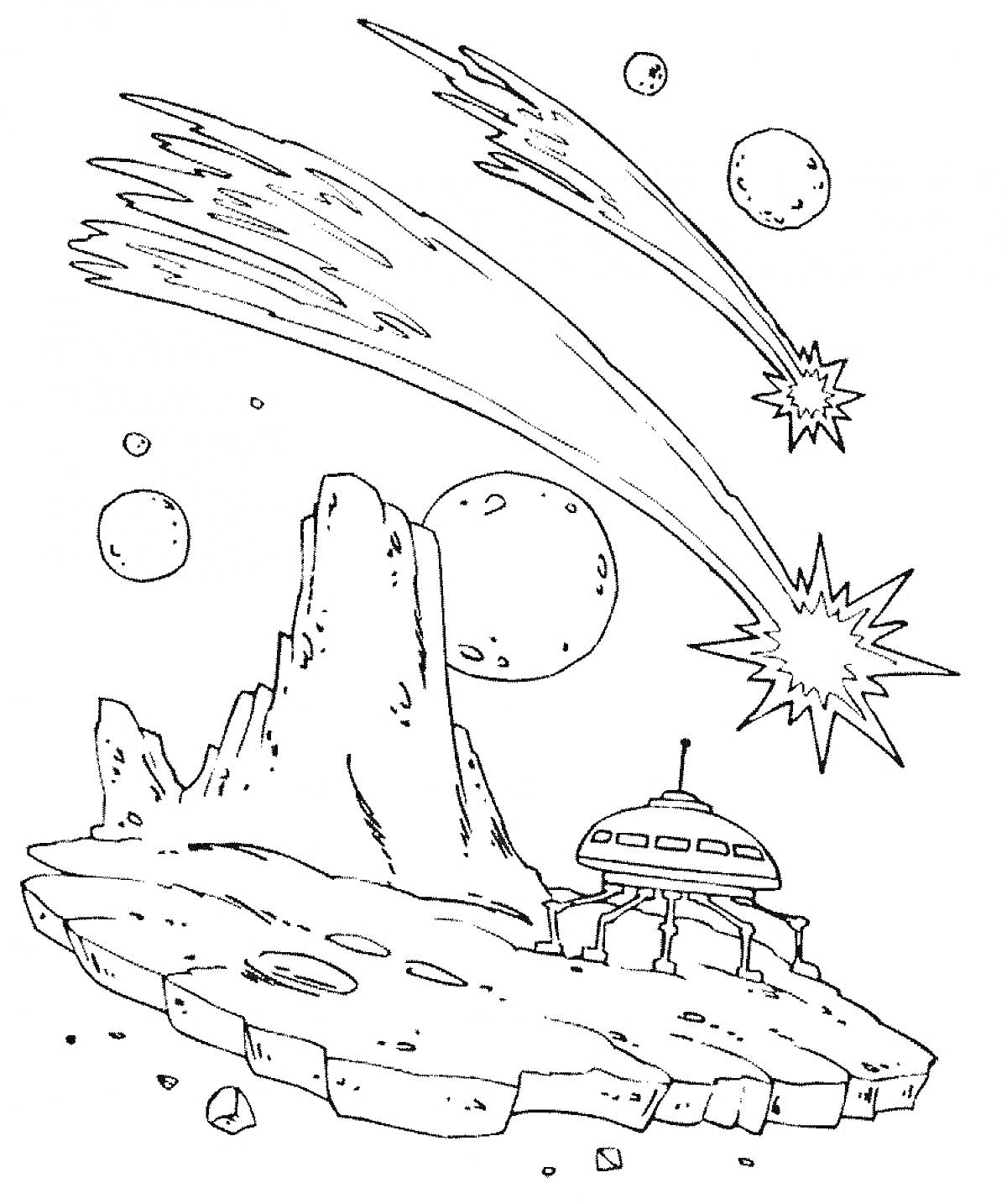 Пейзаж космоса с метеорами, луной, планетами, кратерами и инопланетным кораблем на земле