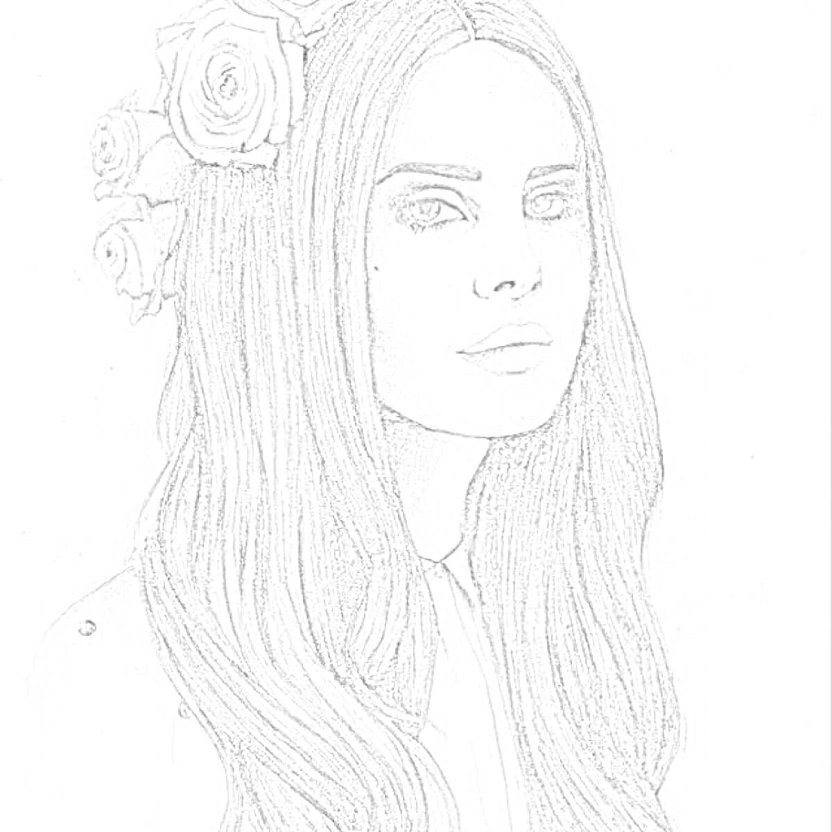 Раскраска Женщина с длинными распущенными волосами и цветами в волосах