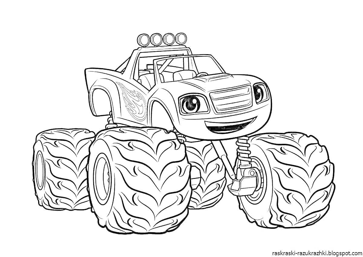 На раскраске изображено: Большие колеса, Транспорт, Для мальчиков, 6 лет, Монстер трак, Из мультфильмов, Авто