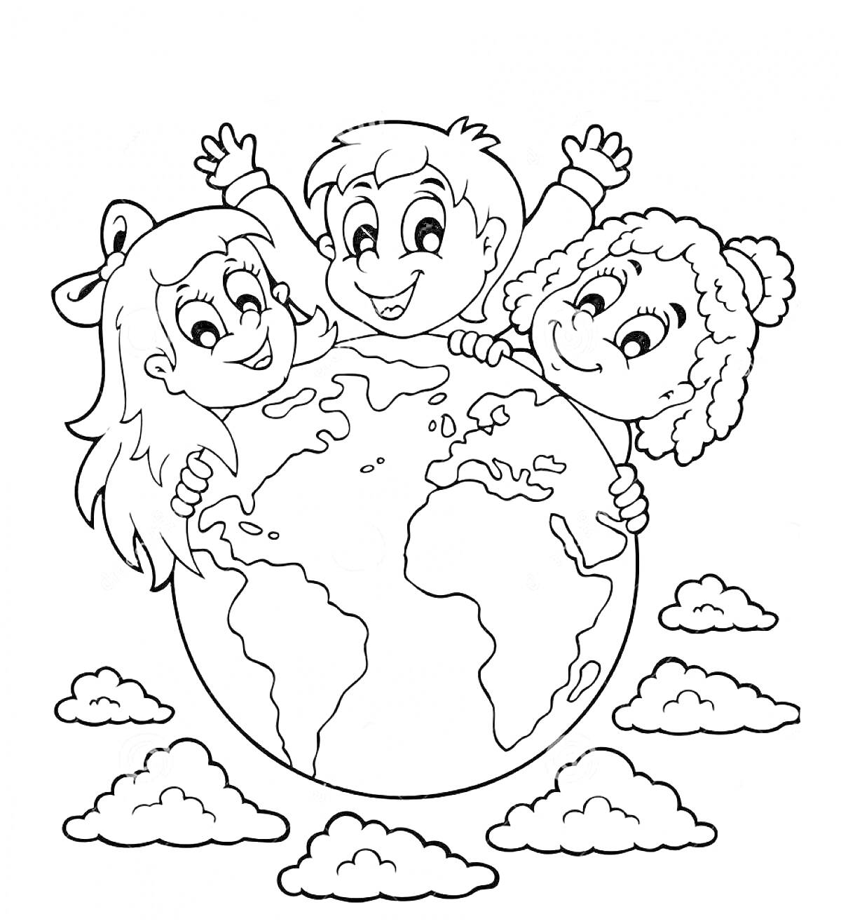 Раскраска Дети с глобусом и облаками