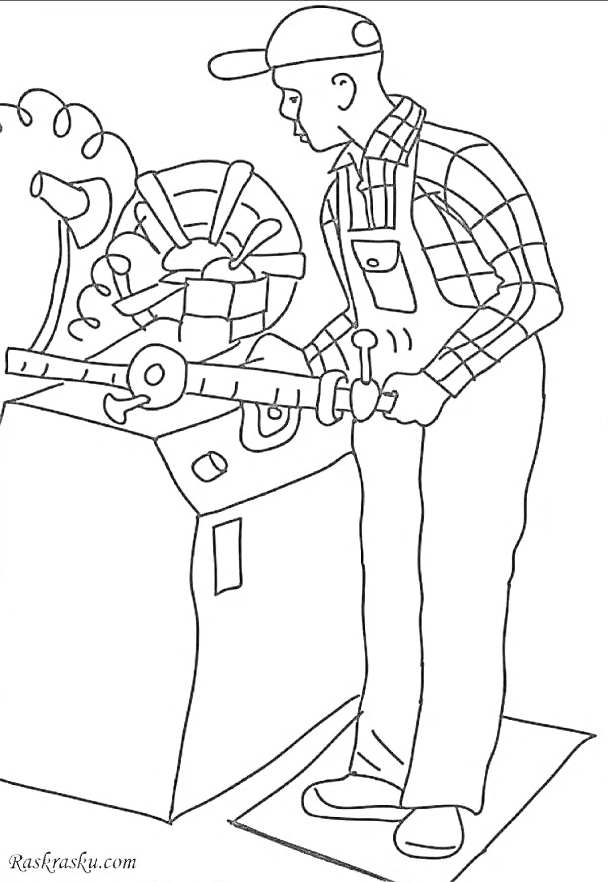 Раскраска Рабочий у станка, в кепке и комбинезоне, работающий на токарном станке-автомате