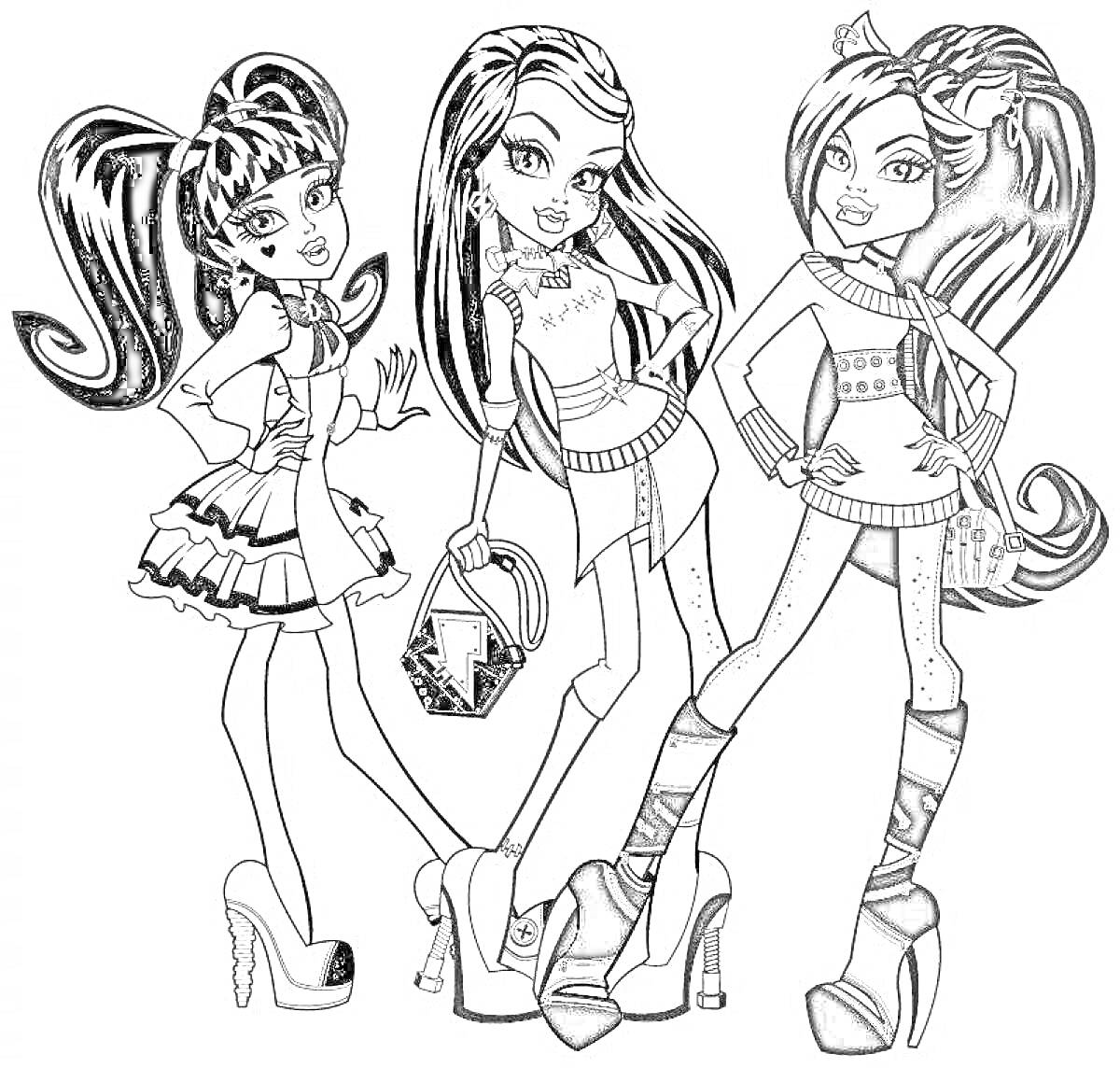 Раскраска Три девушки-монстра с длинными волосами и в модной одежде