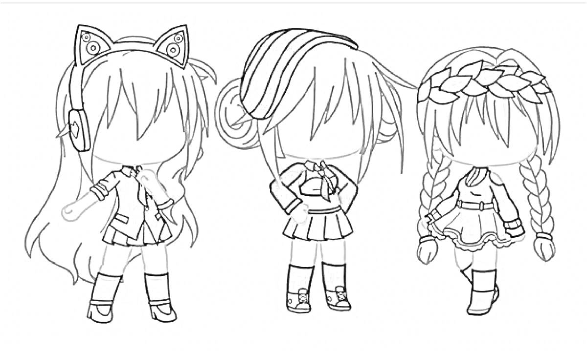 Раскраска Три персонажа в стиле Гача клуб с различными прическами и аксессуарами: 1. Левый персонаж: длинные волосы с кошачьими ушками и наушниками, школьная форма. 2. Средний персонаж: короткие волосы с челкой, двойной пучок, школьная форма с лонгсливом. 3. Правый