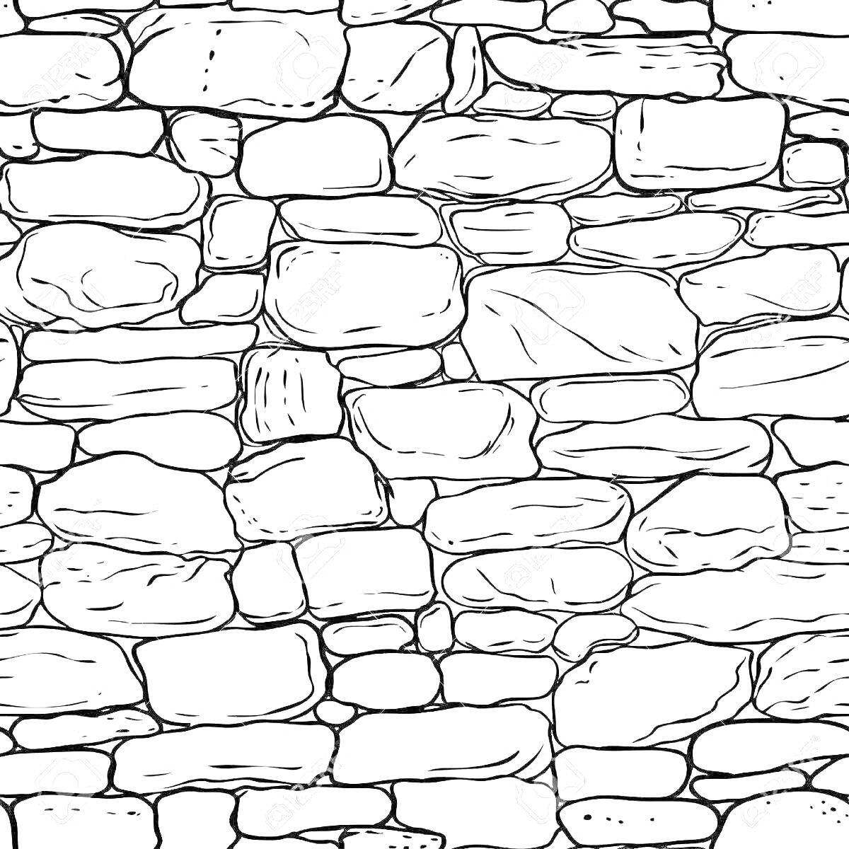 Раскраска Каменная стена с неровными камнями различных размеров и форм