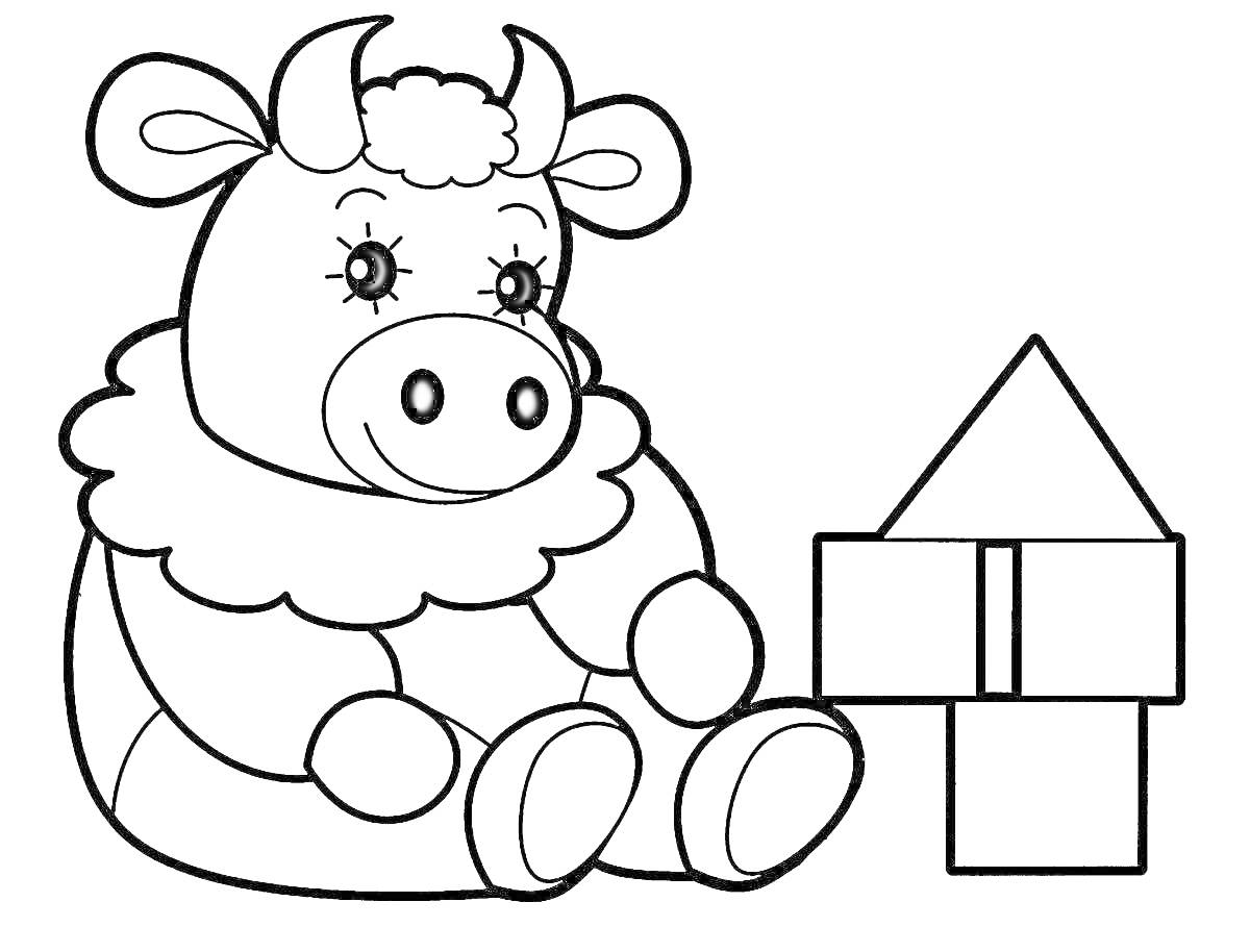 На раскраске изображено: Корова, Кубики, Крыша, Малыш, Строительство, Домашние животные, Игрушки, Развивающие игры