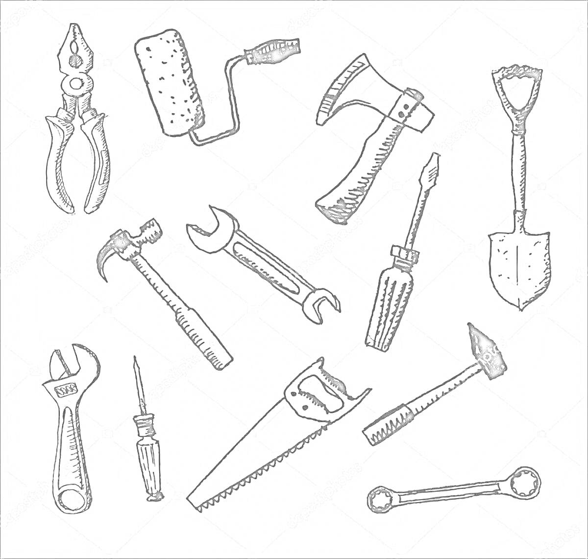 На раскраске изображено: Пассатижи, Валик, Лопата, Гаечный ключ, Молоток, Отвертка, Ножовка, Нож