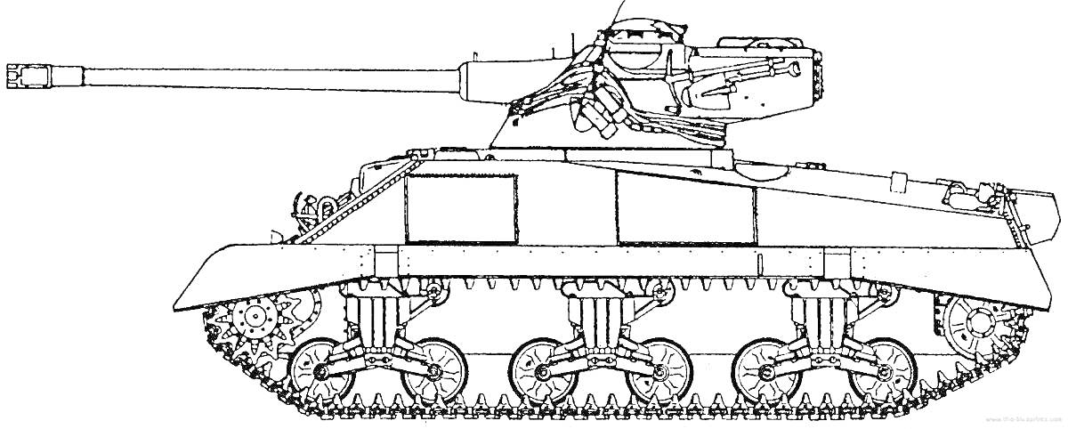 Раскраска Американский танк с длинным стволом пушки, гусеничным ходом, детализированной башней и корпусом с панелями и угловыми элементами
