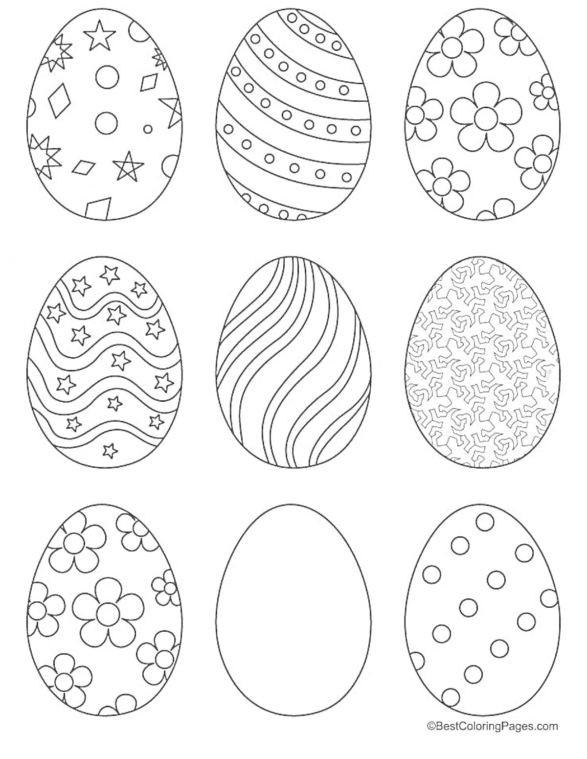 Раскраска Раскраска с яйцами, украшенными узорами (звезды и круги, диагональные линии, цветы, волны со звездами, волнистые линии, абстрактные узоры, большие цветы, пустое яйцо, маленькие круги и точки)