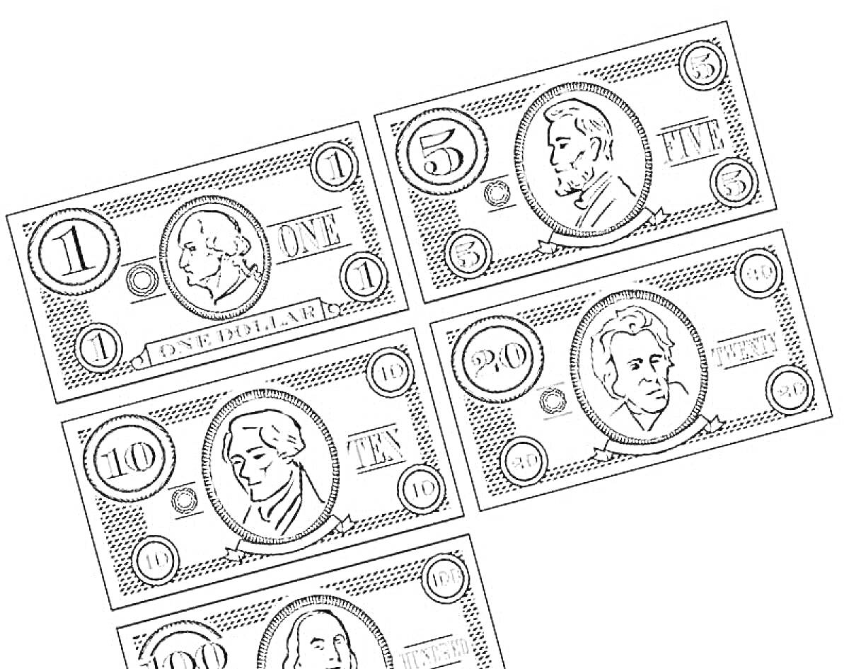 На раскраске изображено: Деньги, Купюры, Для детей, Образование, Номиналы, Один доллар, Банкнота