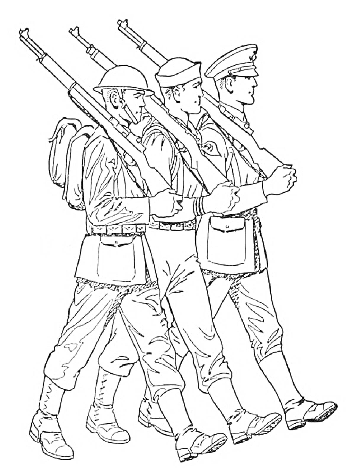 На раскраске изображено: Военные, Марш, Форма, Винтовка, Каска, Рюкзак, Солдат