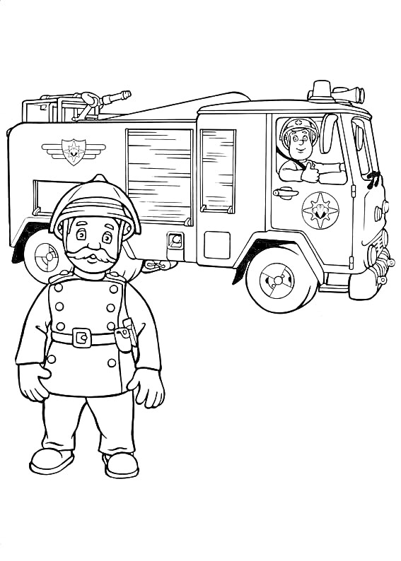 На раскраске изображено: Пожарный Сэм, Пожарная машина, Транспорт, Безопасность, Из мультфильмов, Герой, Профессия, Пожарные