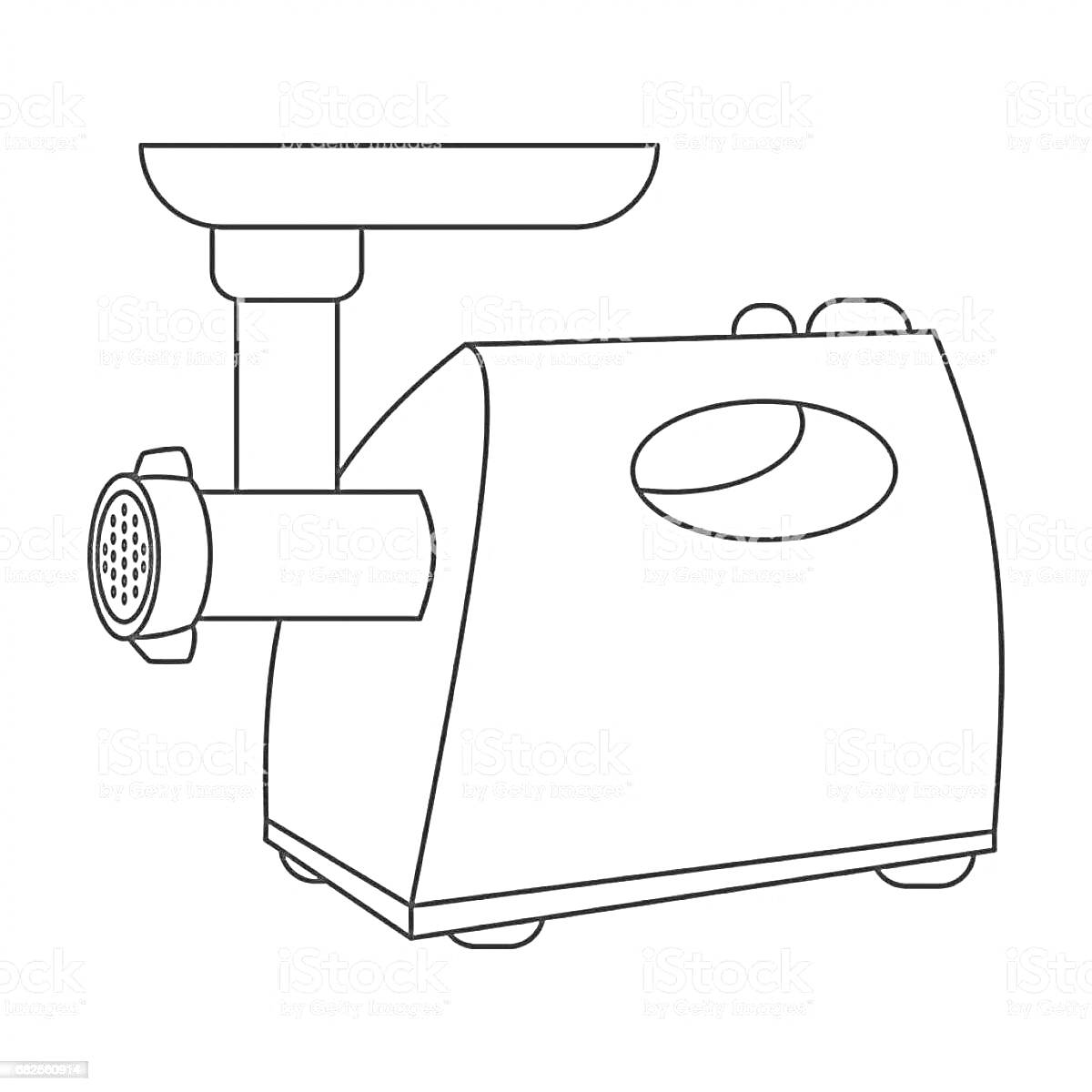 Раскраска Электрическая мясорубка с лотком и ручкой