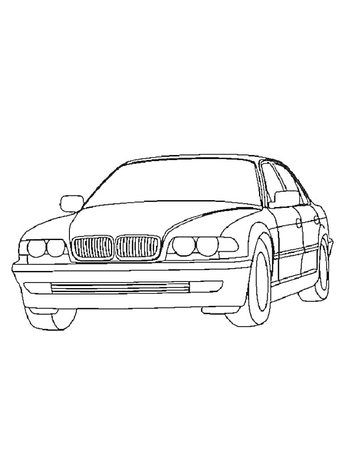 Раскраска Раскраска с изображением BMW седана с решеткой радиатора, фарами, капотом, колесами и боковыми зеркалами.