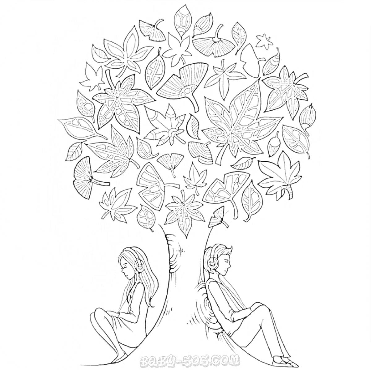 Раскраска Психологическая антистресс раскраска - женщина и мужчина сидят спиной к дереву, крона которого состоит из листьев и бабочек
