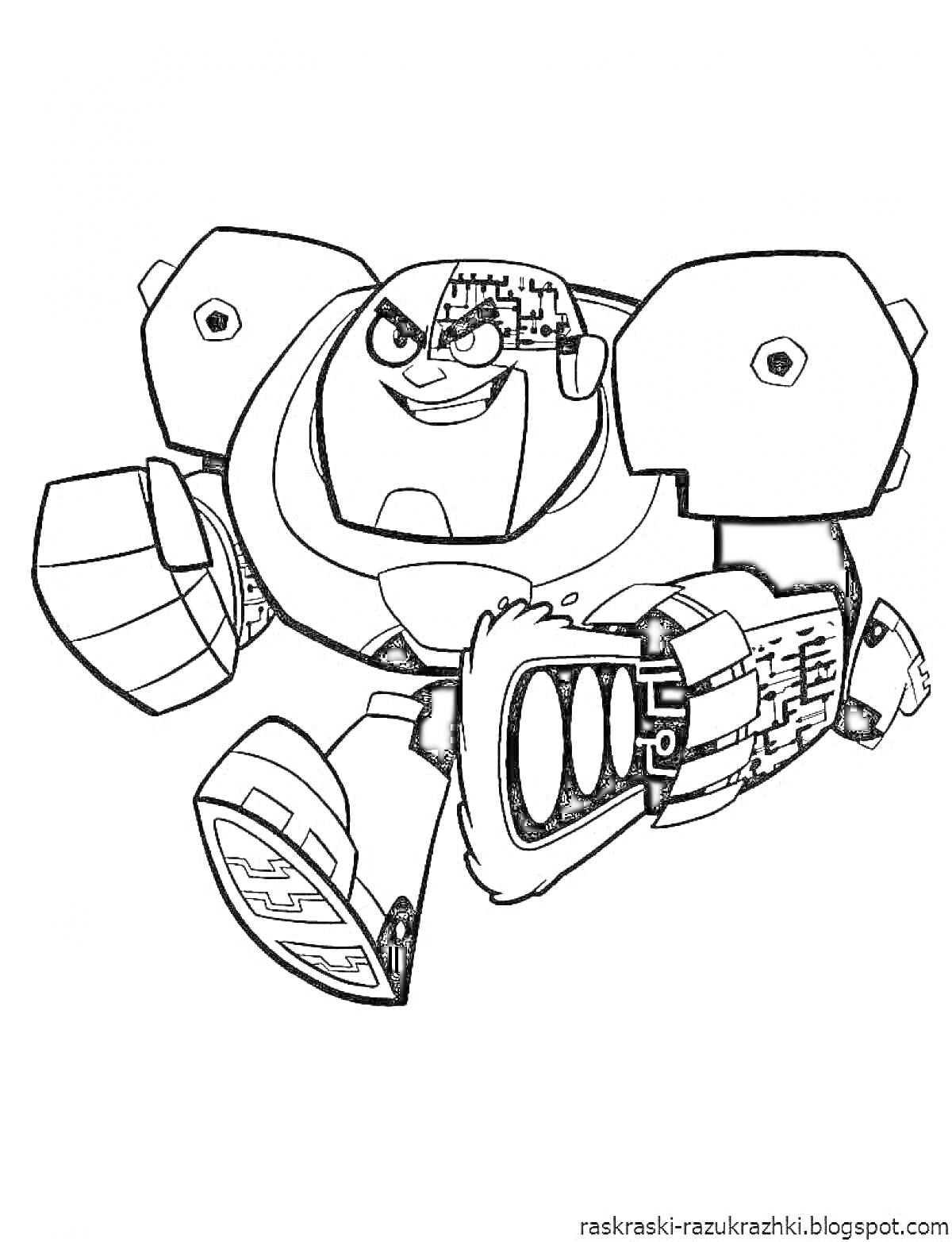 Раскраска Грозный робот-титан с массивными руками и ногами, агрессивное выражение лица, прыжок вперед, оцифрованные детали на теле