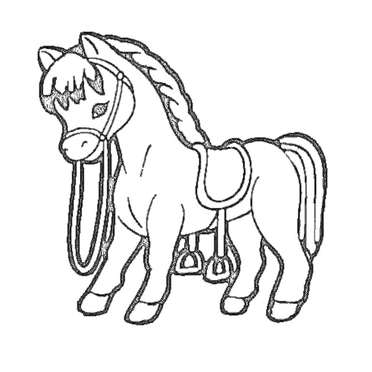 На раскраске изображено: Лошадь, Седло, Уздечка, Конь