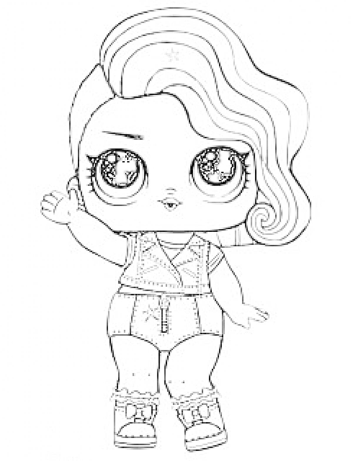 Раскраска Кукла ЛОЛ с волнистыми волосами в жилетке, шортах и ботинках, поднявшая руку