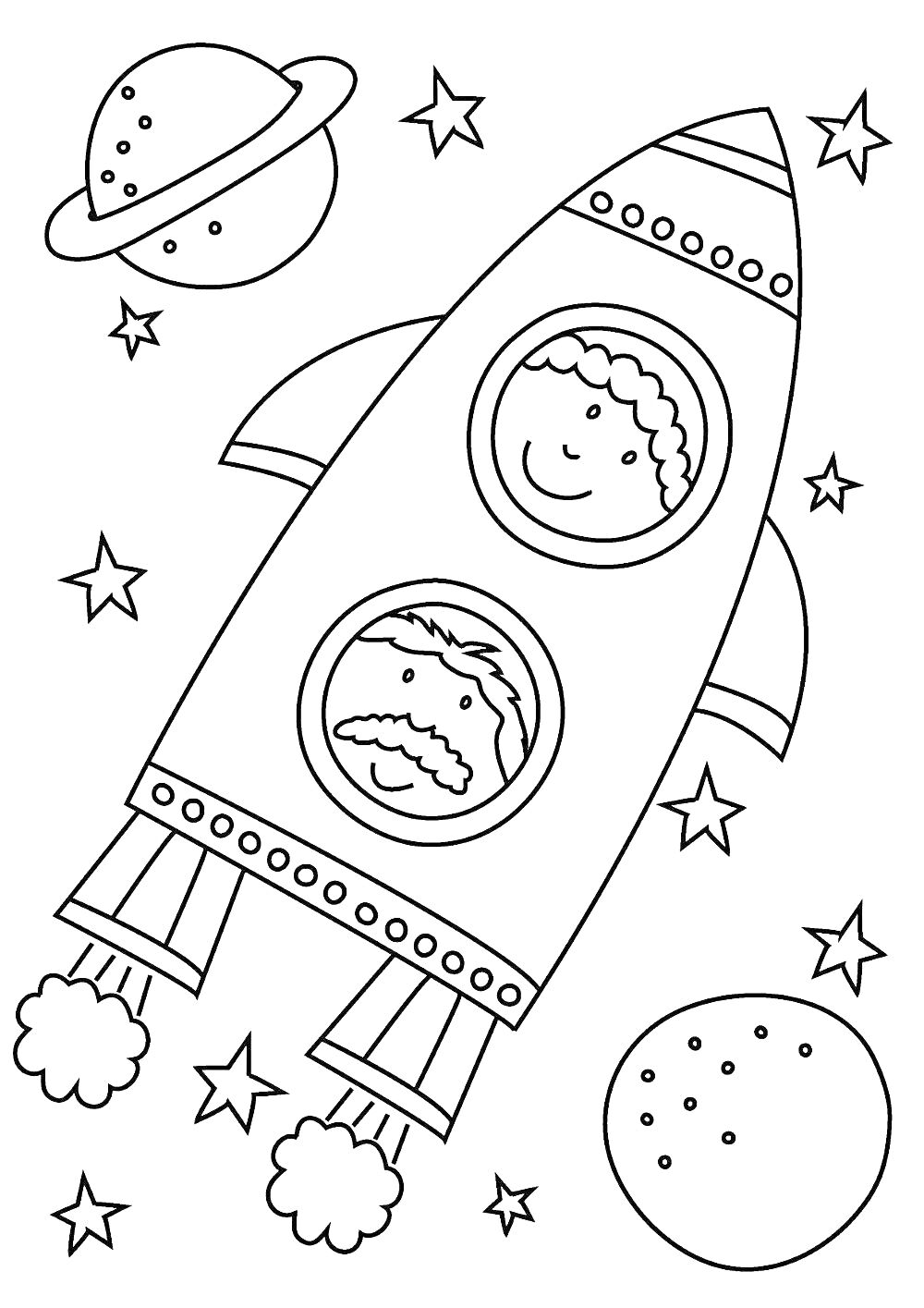 Два человека в космическом корабле с иллюминаторами, окружённые звёздами, планетами и астероидами