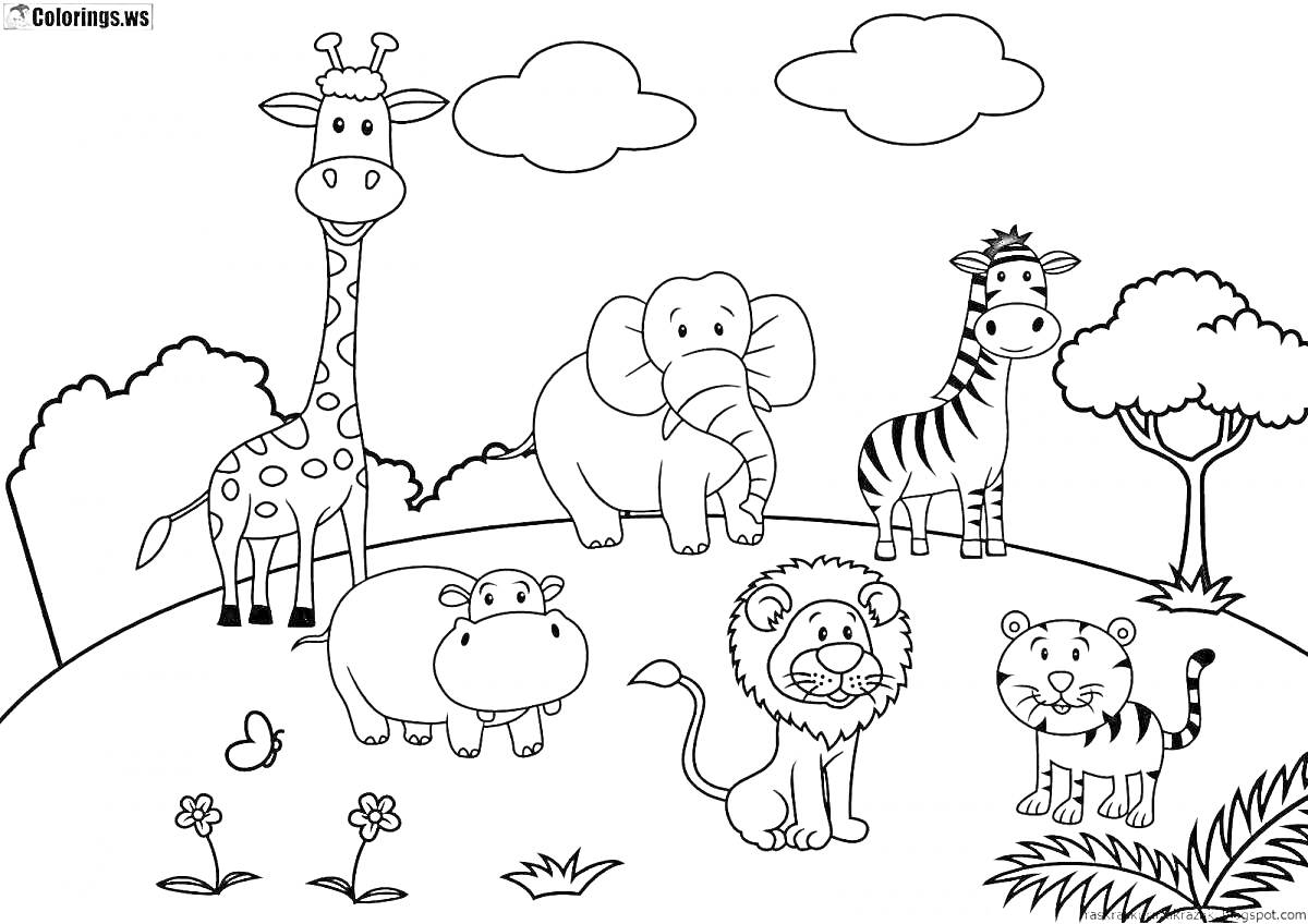 Раскраска Животные в саванне с жирафом, слоном, зеброй, бегемотом, львом, тигренком, деревьями, облаками, бабочкой и цветами