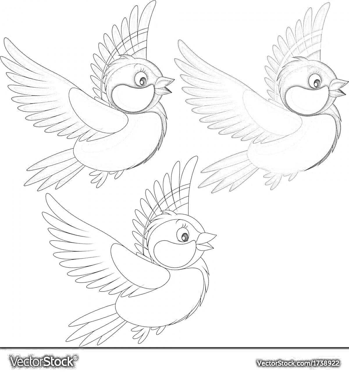 Раскраска Три летящих синицы (две раскрашенные, одна черно-белая)