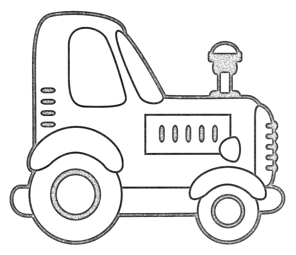 Трактор с большими колесами, кабиной и выхлопной трубой