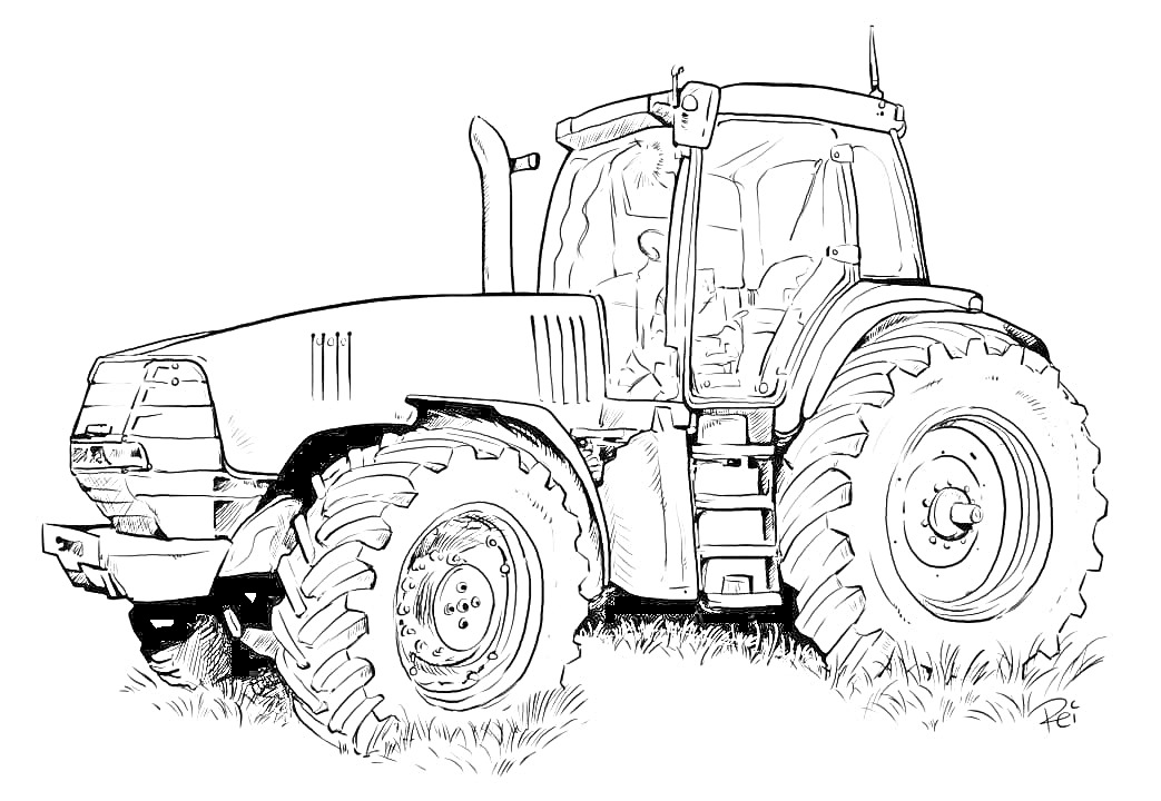 На раскраске изображено: Трактор, Трава, Кабина водителя, Сельскохозяйственная техника, Большие колеса