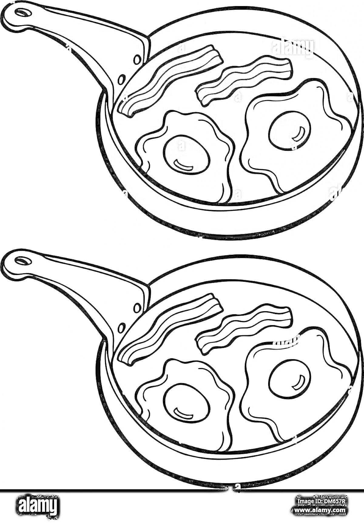 На раскраске изображено: Омлет, Сковорода, Бекон, Завтрак, Яичница, Кулинария, Еда