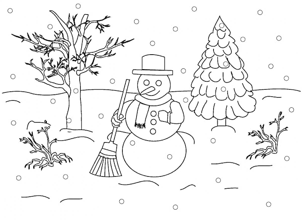 Раскраска Снеговик с метлой, окружённый деревьями, кустами и падающим снегом