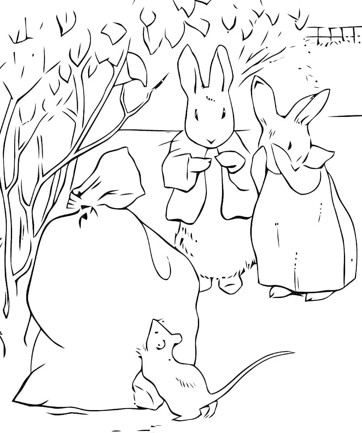На раскраске изображено: Кролик, Друзья, Кусты, Мешки, Сад, Мышь