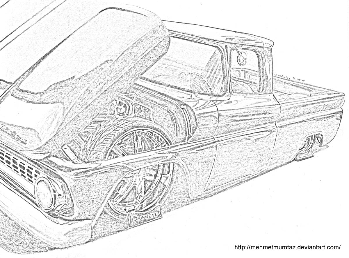 Раскраска Лоурайдер-пикап со снятым капотом и показанными колесами