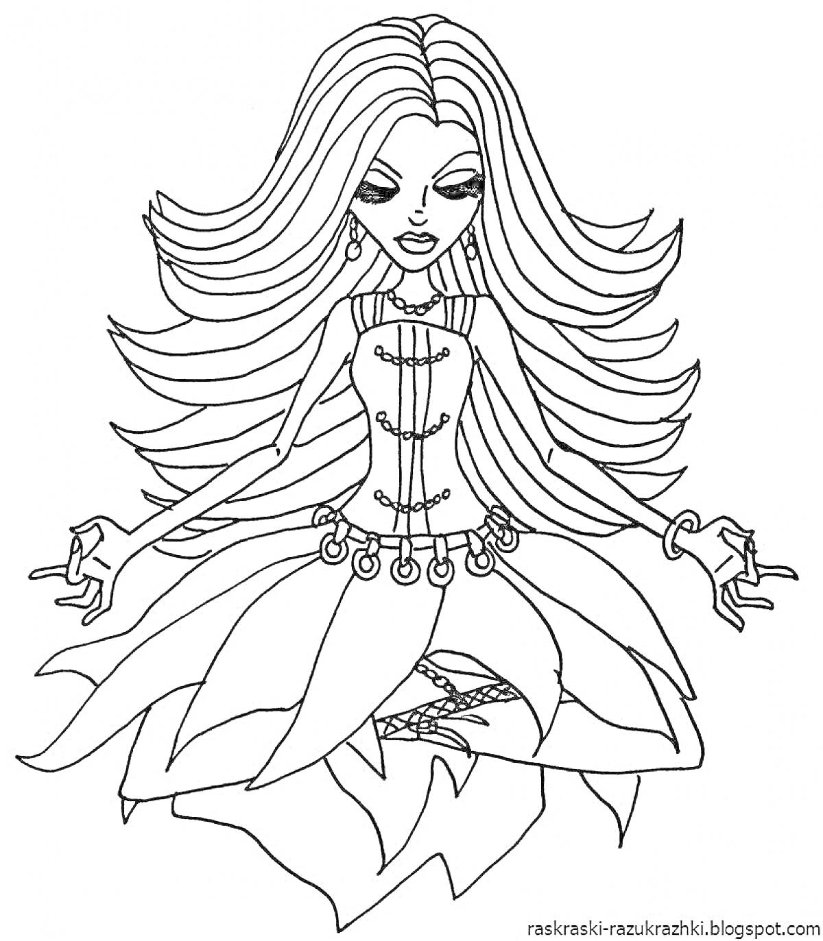 Раскраска Девушка из Монстер Хай в восточном платье, длинные распущенные волосы, сидит в позе медитации с руками в мудре