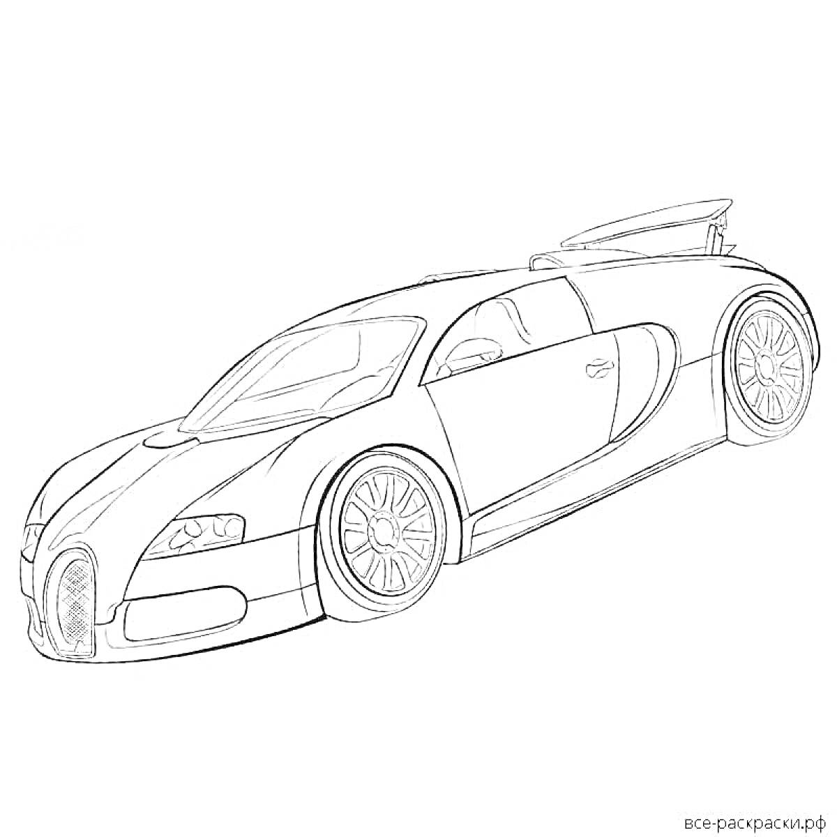 Раскраска Раскраска автомобиля Bugatti Divo, изображение автомобиля с детализированными элементами кузова, фар и колес, заднего спойлера и окон.