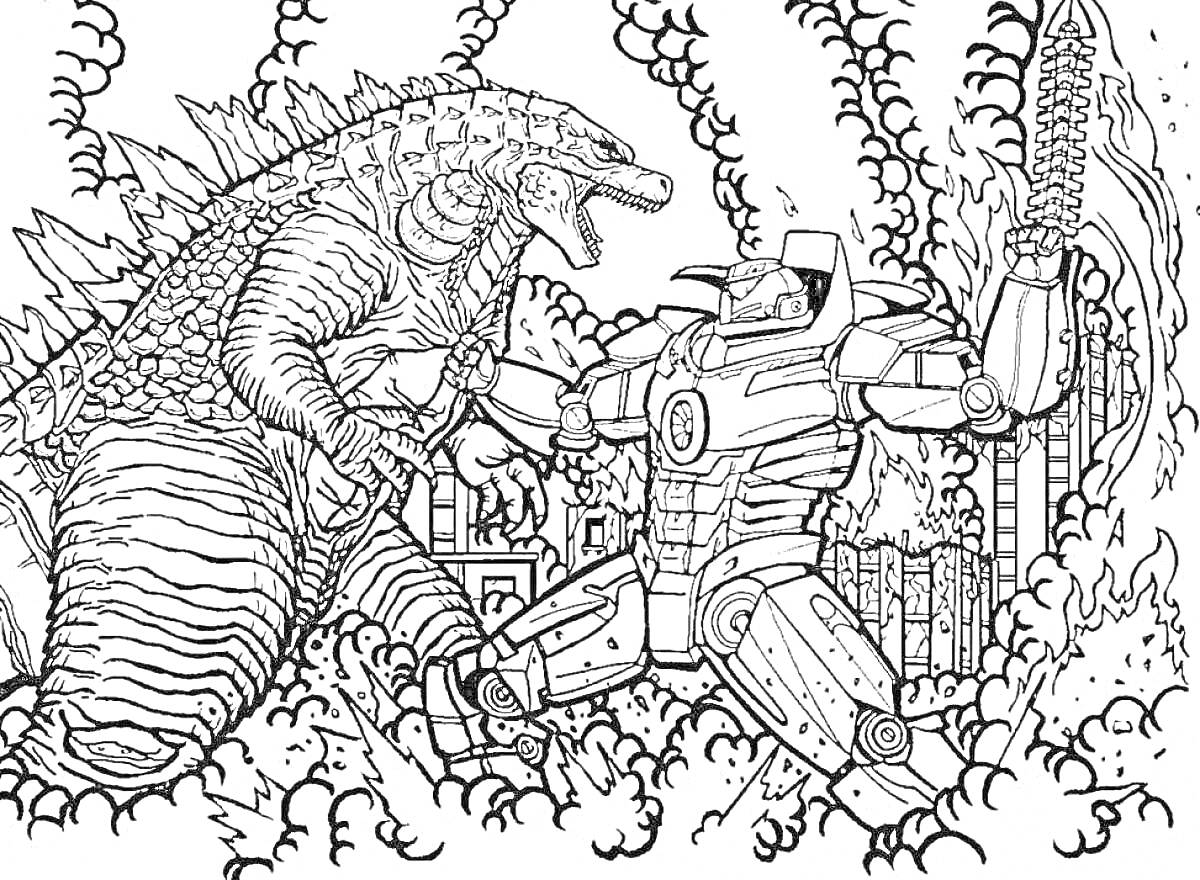 На раскраске изображено: Годзилла, Робот, Битва, Пламя, Здания, Дым, Монстр