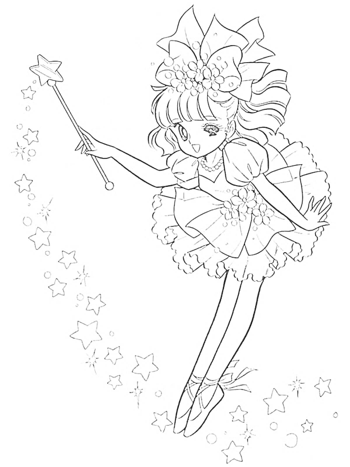 Раскраска Фея с волшебной палочкой в пышном платье и балетках, разбрасывающая звезды