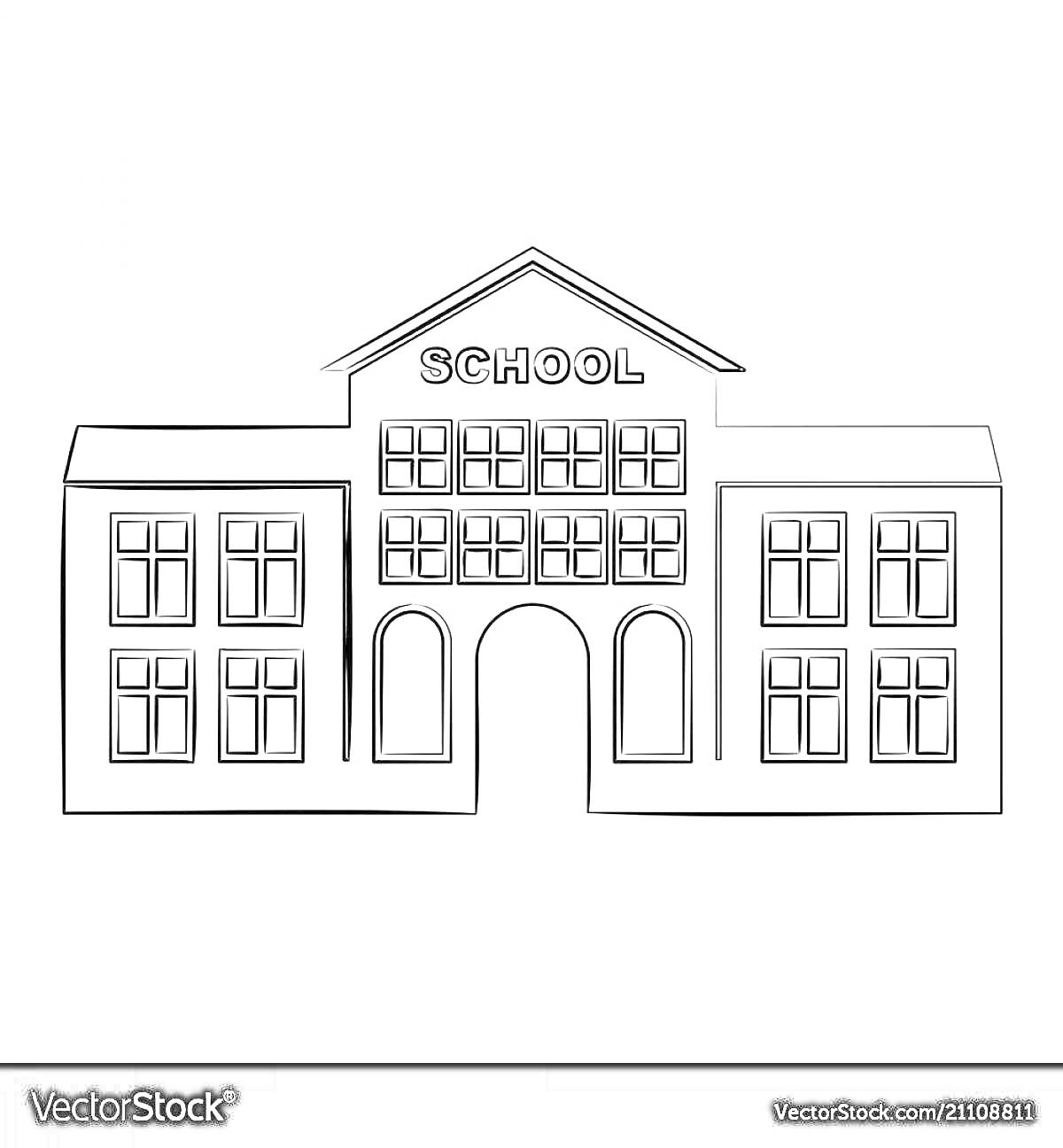 Раскраска Здание детского сада с окнами и арками, надпись SCHOOL