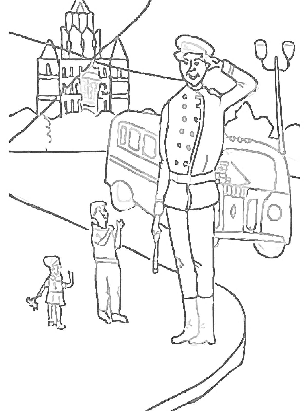 Раскраска Дядя Степа-салютует на дороге, дети рядом, автобус и здание на заднем плане