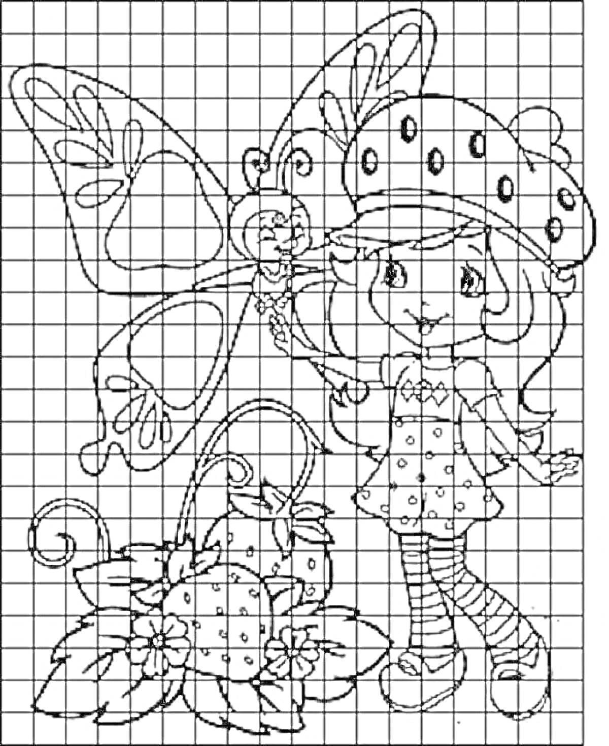 На раскраске изображено: Фея, Клубника, Бабочка, Сказочный персонаж, Цветы, Девочка
